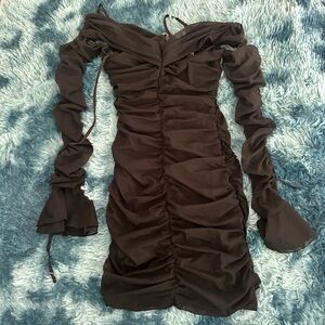 Oh Polly Elegant Black Ruched Off-Shoulder Dress